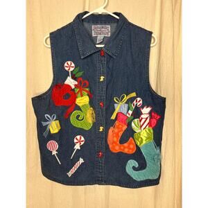 2000s Tantrums Denim Maximalist Christmas Stockings Teacher Candy Kidcore Vest L